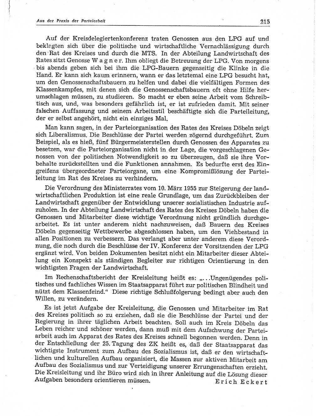 Neuer Weg (NW), Organ des Zentralkomitees (ZK) der SED (Sozialistische Einheitspartei Deutschlands) für Fragen des Parteiaufbaus und des Parteilebens, 11. Jahrgang [Deutsche Demokratische Republik (DDR)] 1956, Seite 215 (NW ZK SED DDR 1956, S. 215)