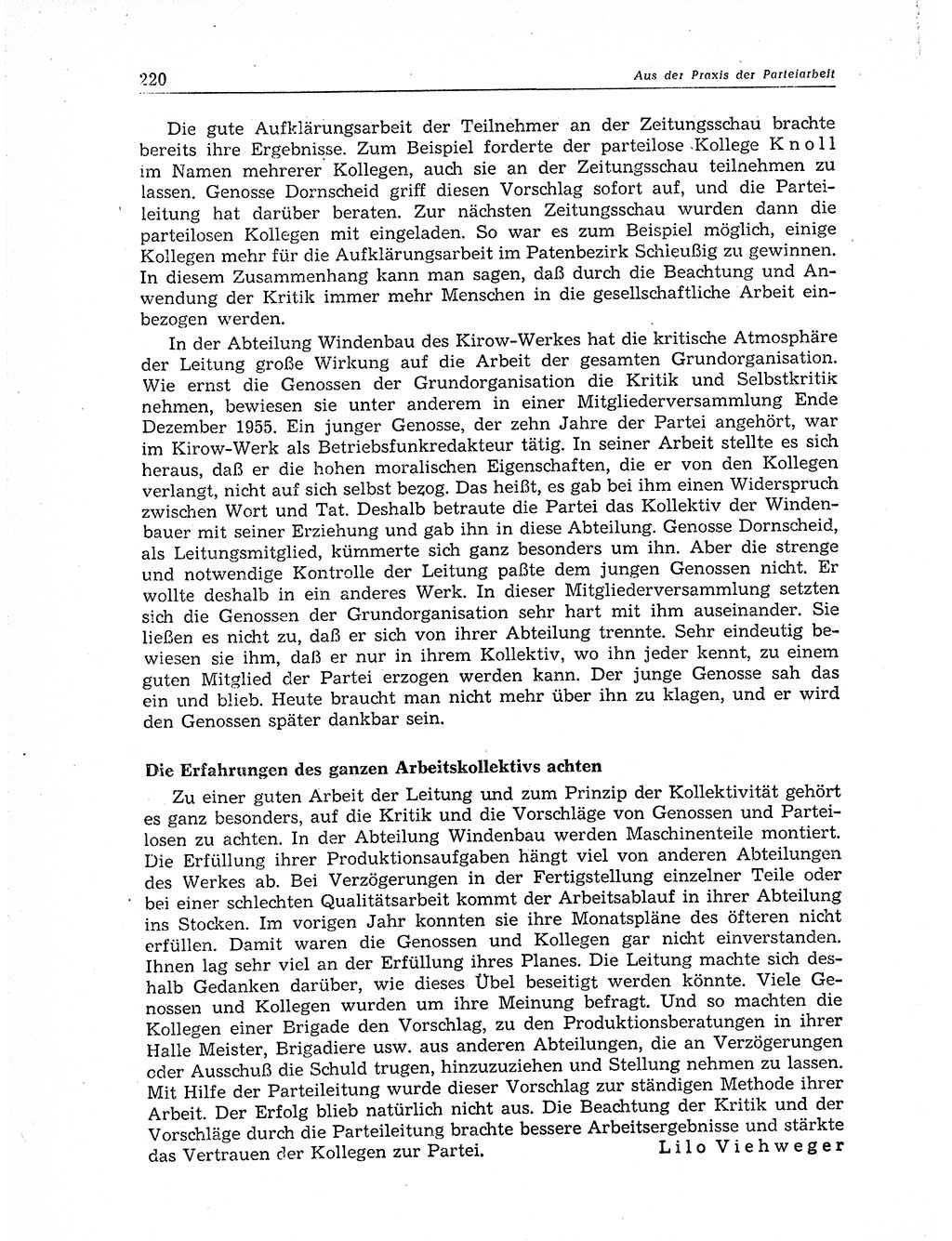 Neuer Weg (NW), Organ des Zentralkomitees (ZK) der SED (Sozialistische Einheitspartei Deutschlands) für Fragen des Parteiaufbaus und des Parteilebens, 11. Jahrgang [Deutsche Demokratische Republik (DDR)] 1956, Seite 220 (NW ZK SED DDR 1956, S. 220)