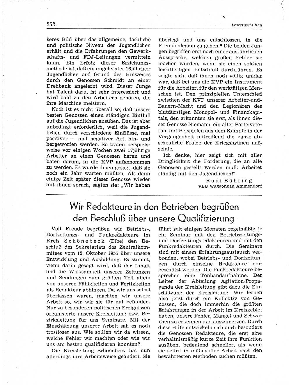 Neuer Weg (NW), Organ des Zentralkomitees (ZK) der SED (Sozialistische Einheitspartei Deutschlands) für Fragen des Parteiaufbaus und des Parteilebens, 11. Jahrgang [Deutsche Demokratische Republik (DDR)] 1956, Seite 252 (NW ZK SED DDR 1956, S. 252)