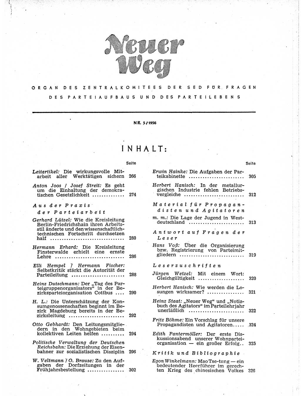 Neuer Weg (NW), Organ des Zentralkomitees (ZK) der SED (Sozialistische Einheitspartei Deutschlands) für Fragen des Parteiaufbaus und des Parteilebens, 11. Jahrgang [Deutsche Demokratische Republik (DDR)] 1956, Seite 265 (NW ZK SED DDR 1956, S. 265)
