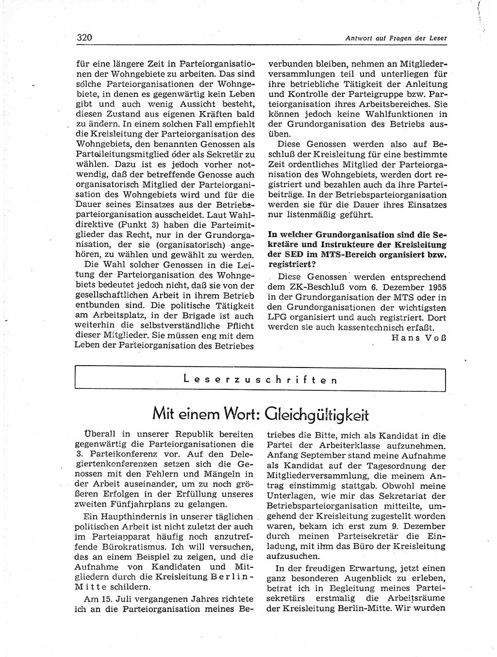 Neuer Weg (NW), Organ des Zentralkomitees (ZK) der SED (Sozialistische Einheitspartei Deutschlands) für Fragen des Parteiaufbaus und des Parteilebens, 11. Jahrgang [Deutsche Demokratische Republik (DDR)] 1956, Seite 320 (NW ZK SED DDR 1956, S. 320)