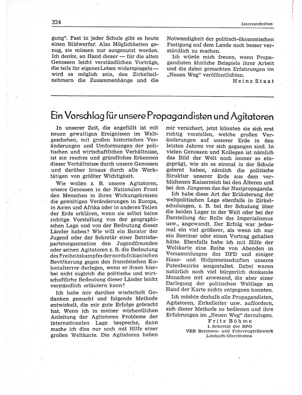 Neuer Weg (NW), Organ des Zentralkomitees (ZK) der SED (Sozialistische Einheitspartei Deutschlands) für Fragen des Parteiaufbaus und des Parteilebens, 11. Jahrgang [Deutsche Demokratische Republik (DDR)] 1956, Seite 324 (NW ZK SED DDR 1956, S. 324)