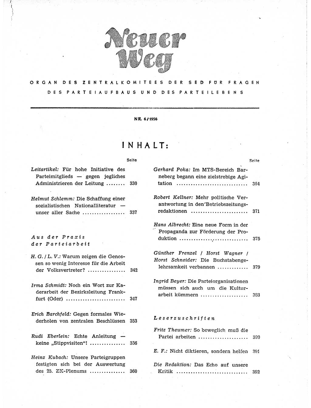 Neuer Weg (NW), Organ des Zentralkomitees (ZK) der SED (Sozialistische Einheitspartei Deutschlands) für Fragen des Parteiaufbaus und des Parteilebens, 11. Jahrgang [Deutsche Demokratische Republik (DDR)] 1956, Seite 329 (NW ZK SED DDR 1956, S. 329)