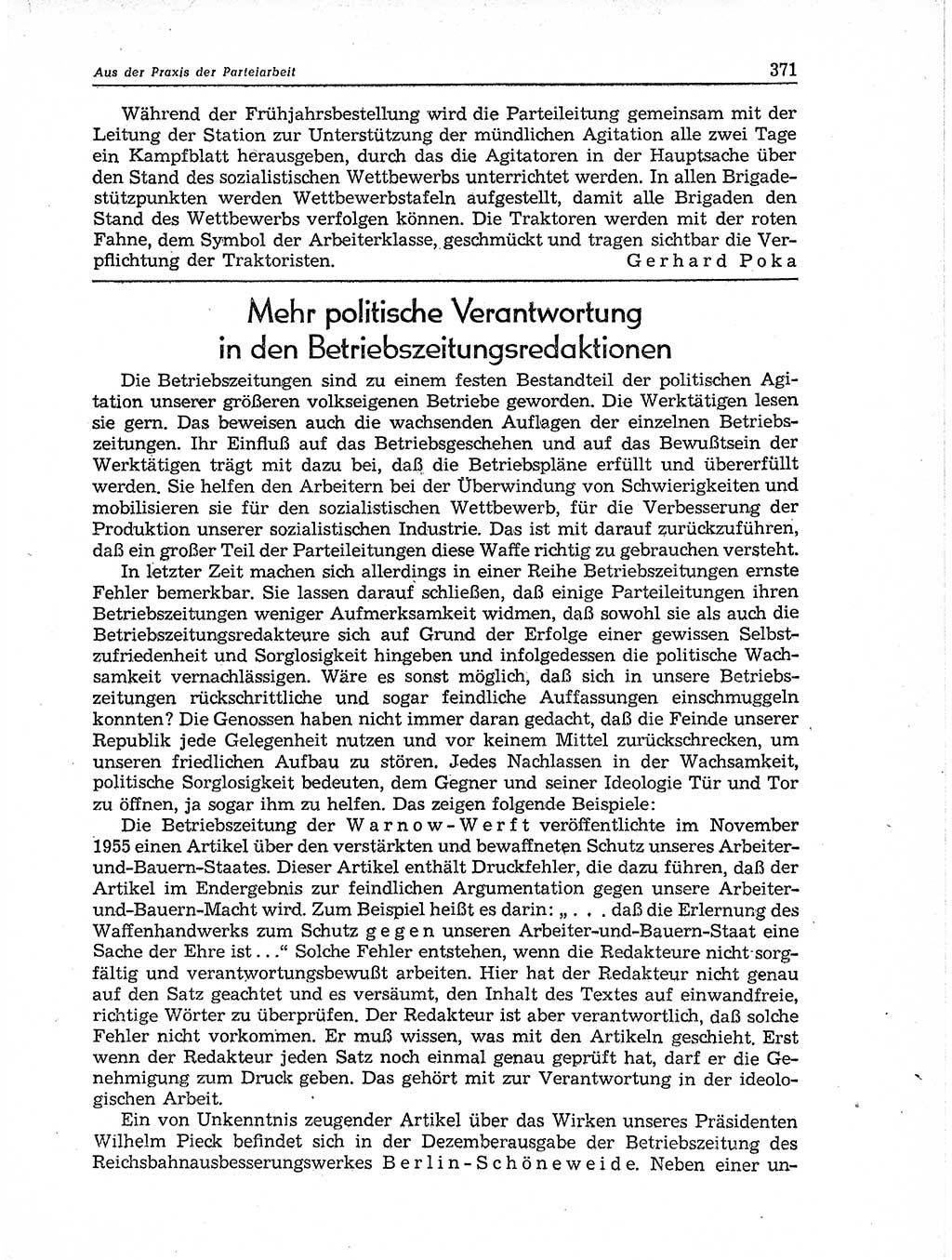 Neuer Weg (NW), Organ des Zentralkomitees (ZK) der SED (Sozialistische Einheitspartei Deutschlands) für Fragen des Parteiaufbaus und des Parteilebens, 11. Jahrgang [Deutsche Demokratische Republik (DDR)] 1956, Seite 371 (NW ZK SED DDR 1956, S. 371)