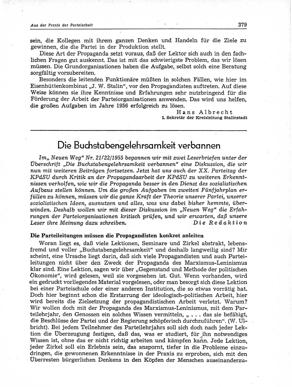 Neuer Weg (NW), Organ des Zentralkomitees (ZK) der SED (Sozialistische Einheitspartei Deutschlands) für Fragen des Parteiaufbaus und des Parteilebens, 11. Jahrgang [Deutsche Demokratische Republik (DDR)] 1956, Seite 379 (NW ZK SED DDR 1956, S. 379)