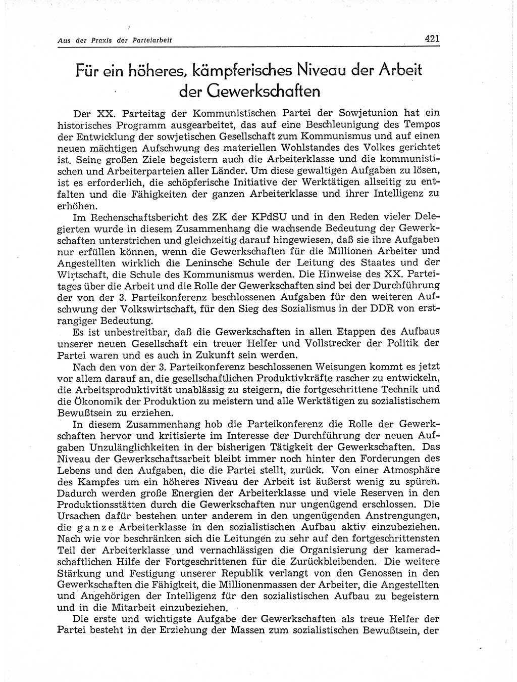 Neuer Weg (NW), Organ des Zentralkomitees (ZK) der SED (Sozialistische Einheitspartei Deutschlands) für Fragen des Parteiaufbaus und des Parteilebens, 11. Jahrgang [Deutsche Demokratische Republik (DDR)] 1956, Seite 421 (NW ZK SED DDR 1956, S. 421)