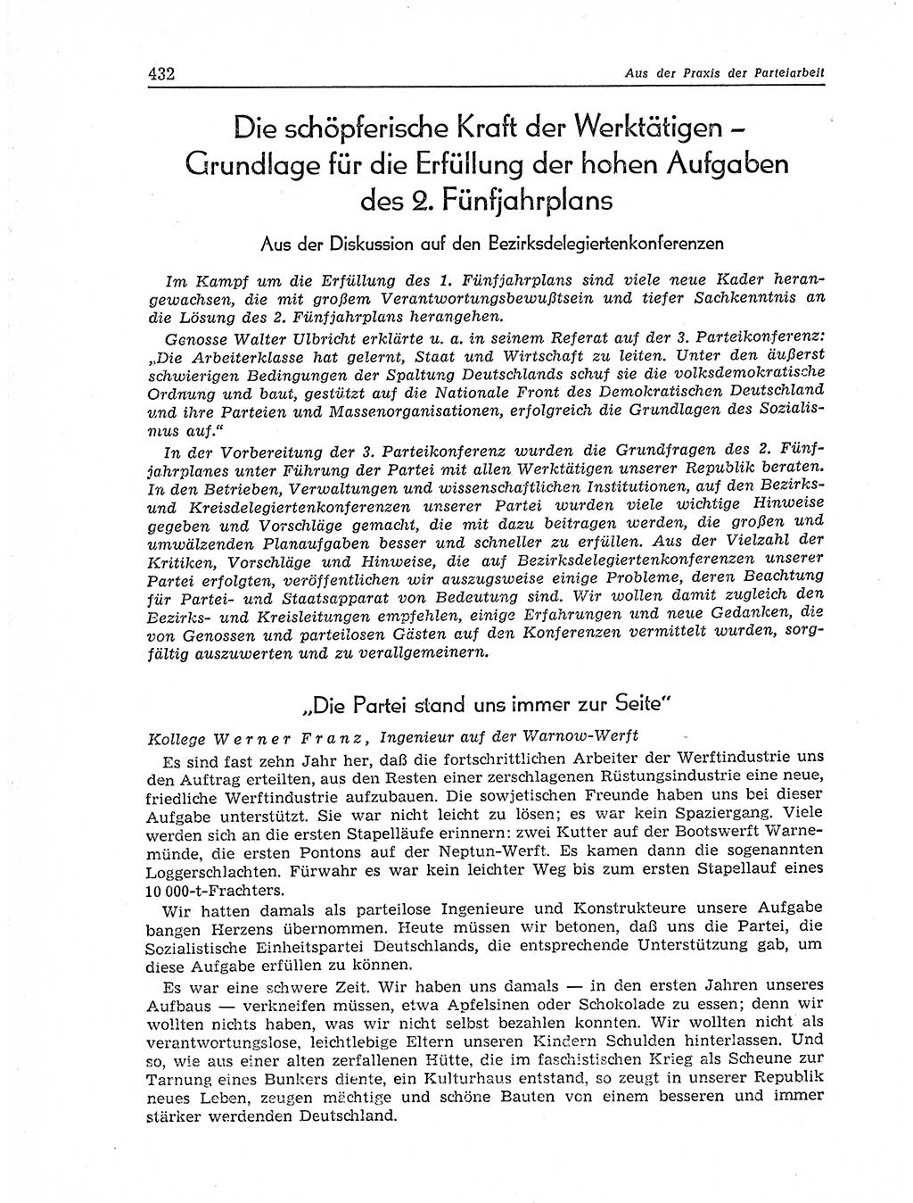 Neuer Weg (NW), Organ des Zentralkomitees (ZK) der SED (Sozialistische Einheitspartei Deutschlands) für Fragen des Parteiaufbaus und des Parteilebens, 11. Jahrgang [Deutsche Demokratische Republik (DDR)] 1956, Seite 432 (NW ZK SED DDR 1956, S. 432)