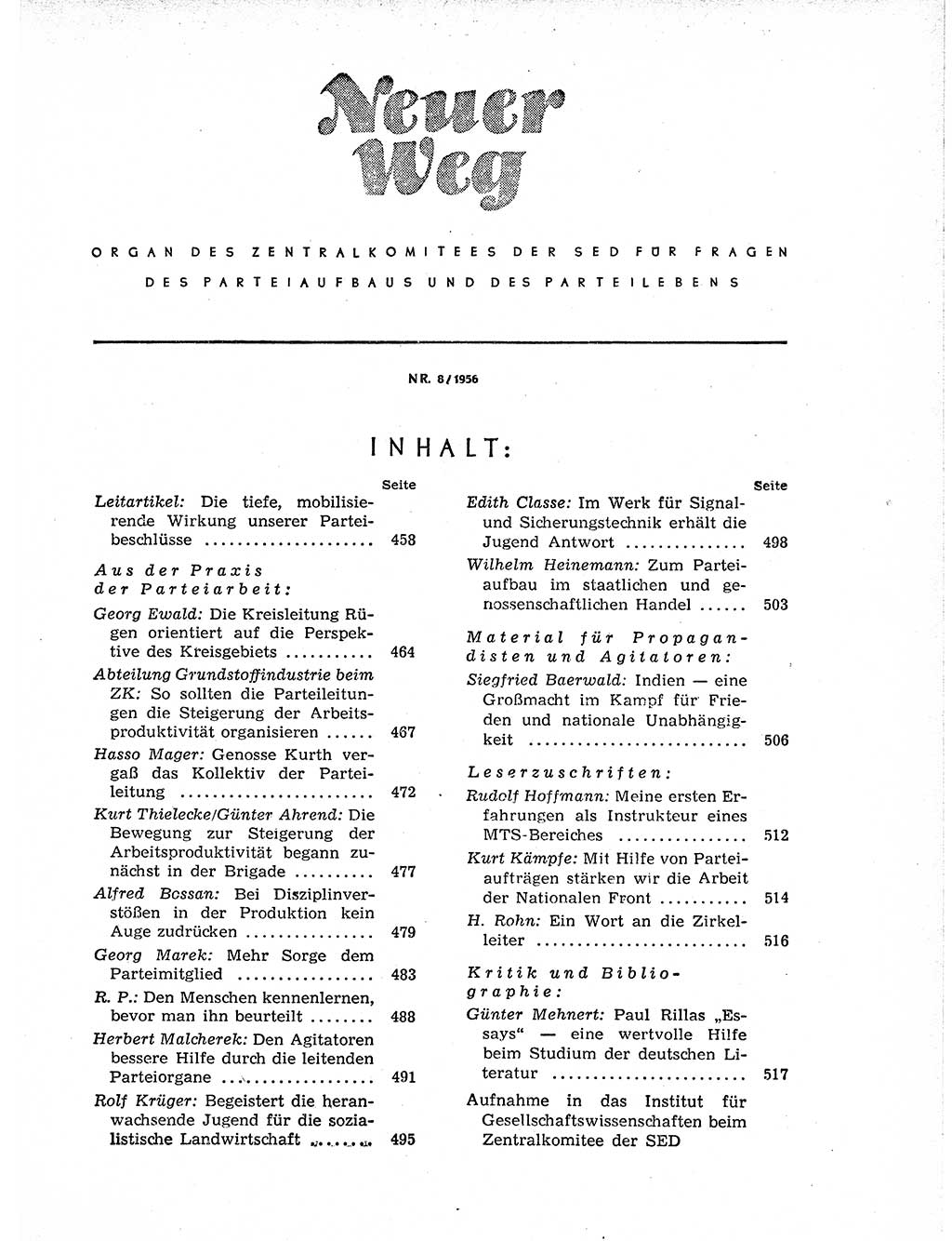 Neuer Weg (NW), Organ des Zentralkomitees (ZK) der SED (Sozialistische Einheitspartei Deutschlands) für Fragen des Parteiaufbaus und des Parteilebens, 11. Jahrgang [Deutsche Demokratische Republik (DDR)] 1956, Seite 457 (NW ZK SED DDR 1956, S. 457)