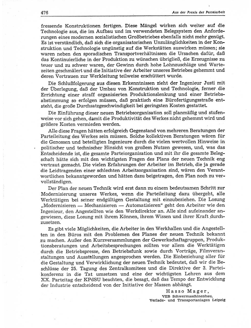 Neuer Weg (NW), Organ des Zentralkomitees (ZK) der SED (Sozialistische Einheitspartei Deutschlands) für Fragen des Parteiaufbaus und des Parteilebens, 11. Jahrgang [Deutsche Demokratische Republik (DDR)] 1956, Seite 476 (NW ZK SED DDR 1956, S. 476)