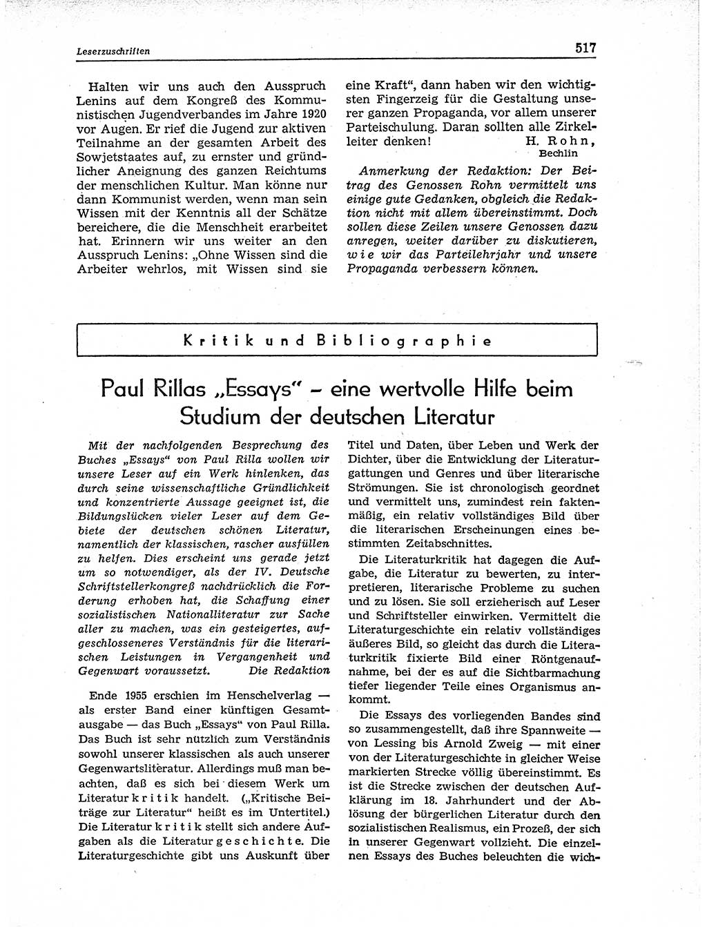 Neuer Weg (NW), Organ des Zentralkomitees (ZK) der SED (Sozialistische Einheitspartei Deutschlands) für Fragen des Parteiaufbaus und des Parteilebens, 11. Jahrgang [Deutsche Demokratische Republik (DDR)] 1956, Seite 517 (NW ZK SED DDR 1956, S. 517)