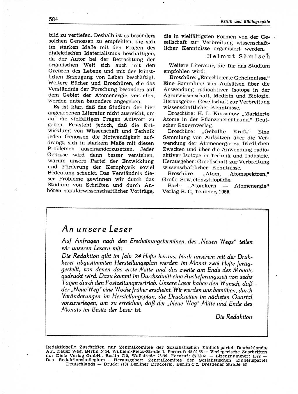 Neuer Weg (NW), Organ des Zentralkomitees (ZK) der SED (Sozialistische Einheitspartei Deutschlands) für Fragen des Parteiaufbaus und des Parteilebens, 11. Jahrgang [Deutsche Demokratische Republik (DDR)] 1956, Seite 584 (NW ZK SED DDR 1956, S. 584)