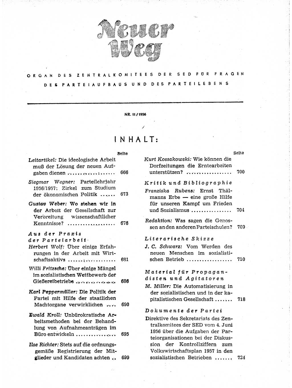 Neuer Weg (NW), Organ des Zentralkomitees (ZK) der SED (Sozialistische Einheitspartei Deutschlands) für Fragen des Parteiaufbaus und des Parteilebens, 11. Jahrgang [Deutsche Demokratische Republik (DDR)] 1956, Seite 665 (NW ZK SED DDR 1956, S. 665)