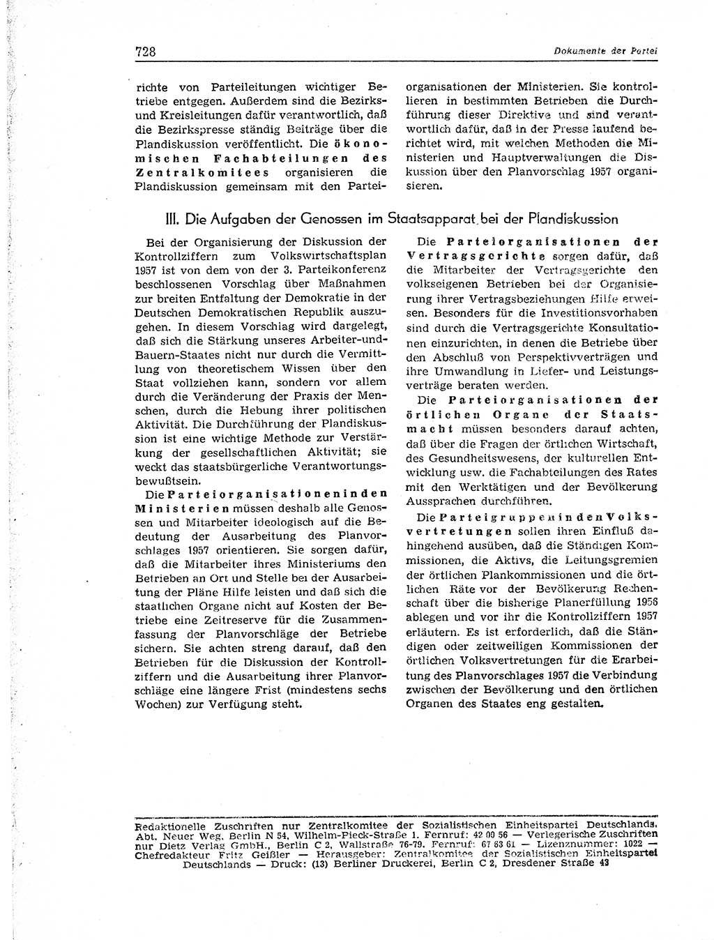 Neuer Weg (NW), Organ des Zentralkomitees (ZK) der SED (Sozialistische Einheitspartei Deutschlands) für Fragen des Parteiaufbaus und des Parteilebens, 11. Jahrgang [Deutsche Demokratische Republik (DDR)] 1956, Seite 728 (NW ZK SED DDR 1956, S. 728)