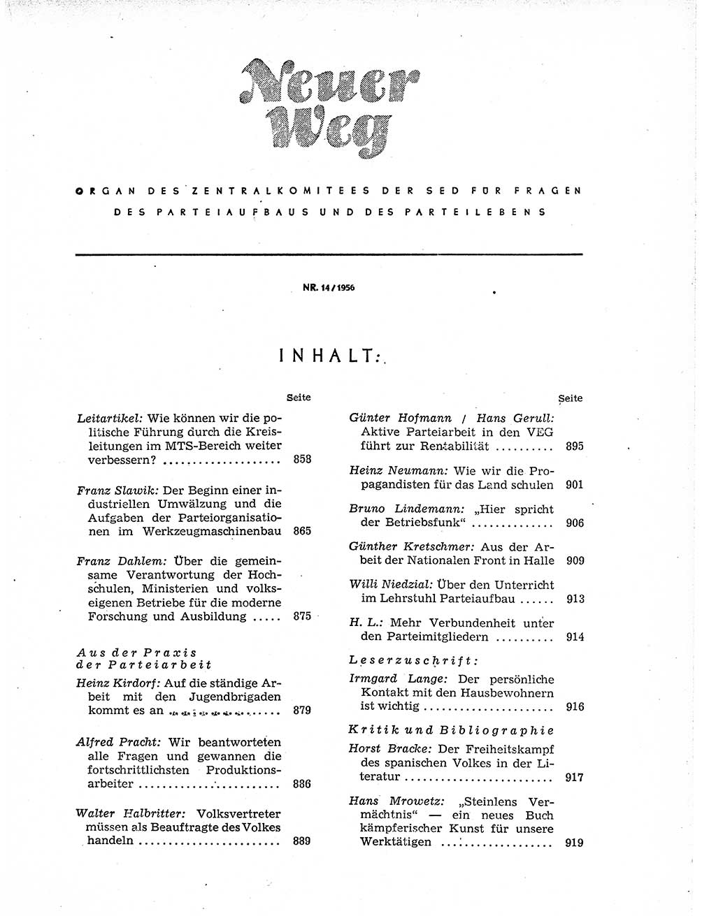Neuer Weg (NW), Organ des Zentralkomitees (ZK) der SED (Sozialistische Einheitspartei Deutschlands) für Fragen des Parteiaufbaus und des Parteilebens, 11. Jahrgang [Deutsche Demokratische Republik (DDR)] 1956, Seite 857 (NW ZK SED DDR 1956, S. 857)