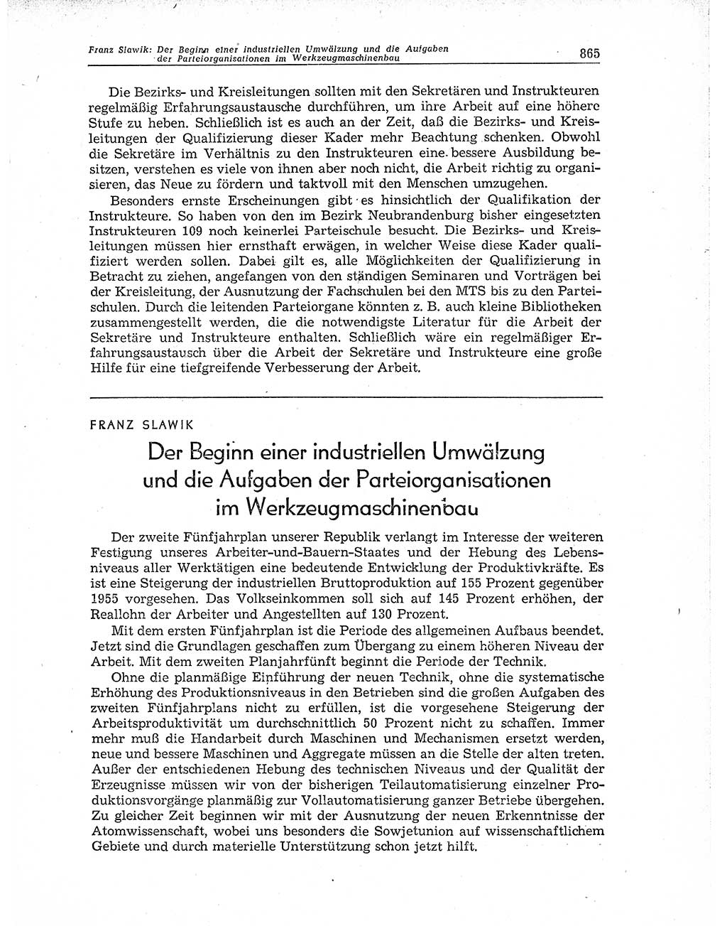 Neuer Weg (NW), Organ des Zentralkomitees (ZK) der SED (Sozialistische Einheitspartei Deutschlands) für Fragen des Parteiaufbaus und des Parteilebens, 11. Jahrgang [Deutsche Demokratische Republik (DDR)] 1956, Seite 865 (NW ZK SED DDR 1956, S. 865)