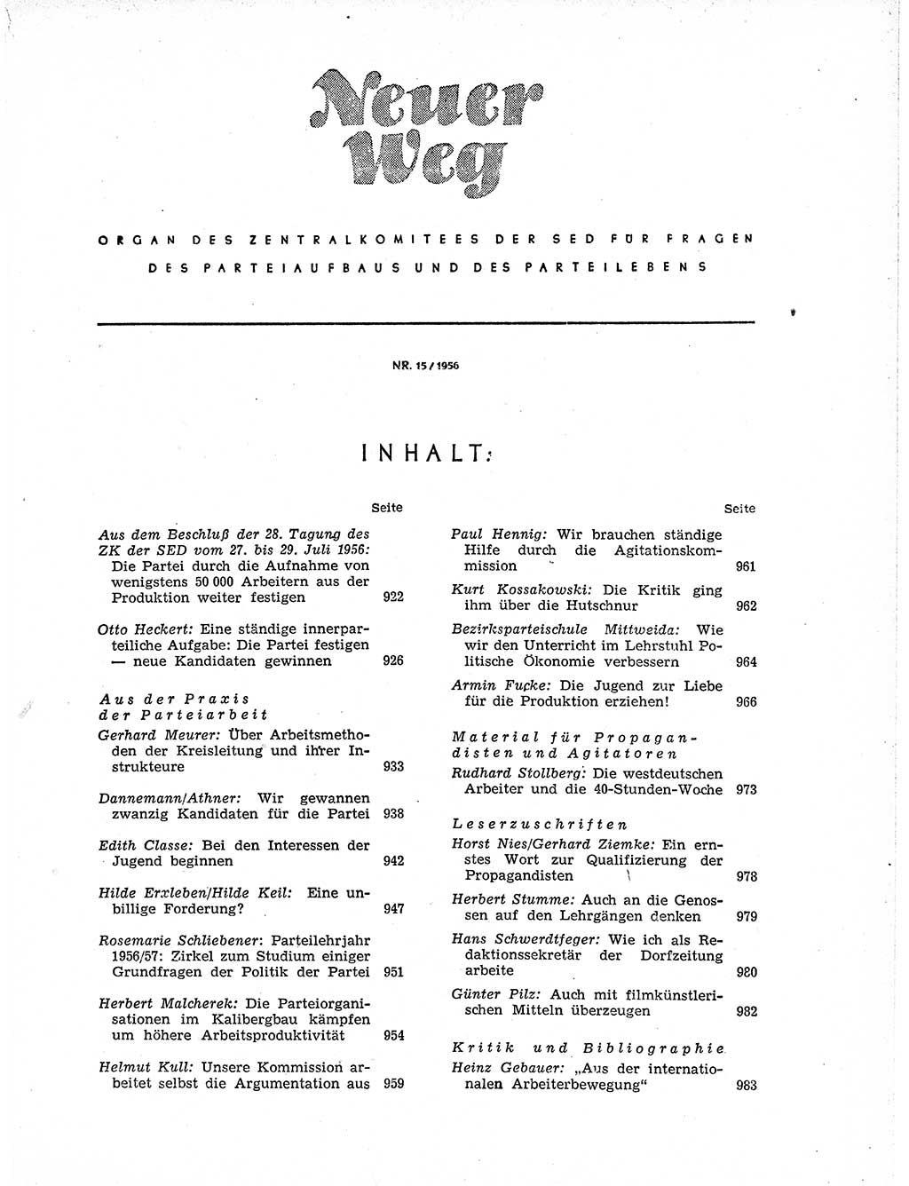 Neuer Weg (NW), Organ des Zentralkomitees (ZK) der SED (Sozialistische Einheitspartei Deutschlands) für Fragen des Parteiaufbaus und des Parteilebens, 11. Jahrgang [Deutsche Demokratische Republik (DDR)] 1956, Seite 921 (NW ZK SED DDR 1956, S. 921)