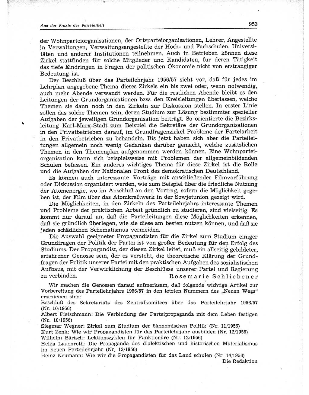 Neuer Weg (NW), Organ des Zentralkomitees (ZK) der SED (Sozialistische Einheitspartei Deutschlands) für Fragen des Parteiaufbaus und des Parteilebens, 11. Jahrgang [Deutsche Demokratische Republik (DDR)] 1956, Seite 953 (NW ZK SED DDR 1956, S. 953)