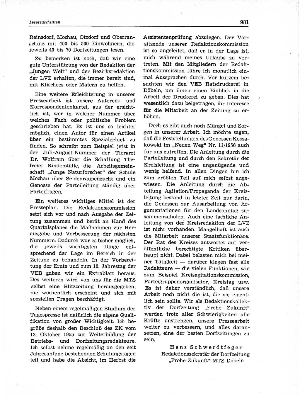 Neuer Weg (NW), Organ des Zentralkomitees (ZK) der SED (Sozialistische Einheitspartei Deutschlands) für Fragen des Parteiaufbaus und des Parteilebens, 11. Jahrgang [Deutsche Demokratische Republik (DDR)] 1956, Seite 981 (NW ZK SED DDR 1956, S. 981)