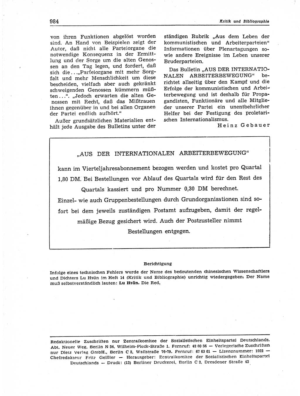 Neuer Weg (NW), Organ des Zentralkomitees (ZK) der SED (Sozialistische Einheitspartei Deutschlands) für Fragen des Parteiaufbaus und des Parteilebens, 11. Jahrgang [Deutsche Demokratische Republik (DDR)] 1956, Seite 984 (NW ZK SED DDR 1956, S. 984)
