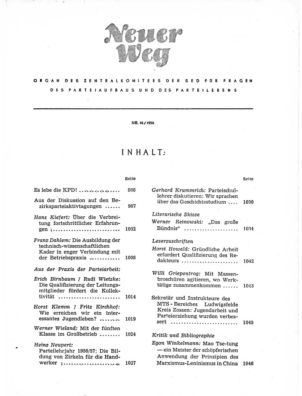 Neuer Weg (NW), Organ des Zentralkomitees (ZK) der SED (Sozialistische Einheitspartei Deutschlands) für Fragen des Parteiaufbaus und des Parteilebens, 11. Jahrgang [Deutsche Demokratische Republik (DDR)] 1956, Seite 985 (NW ZK SED DDR 1956, S. 985)