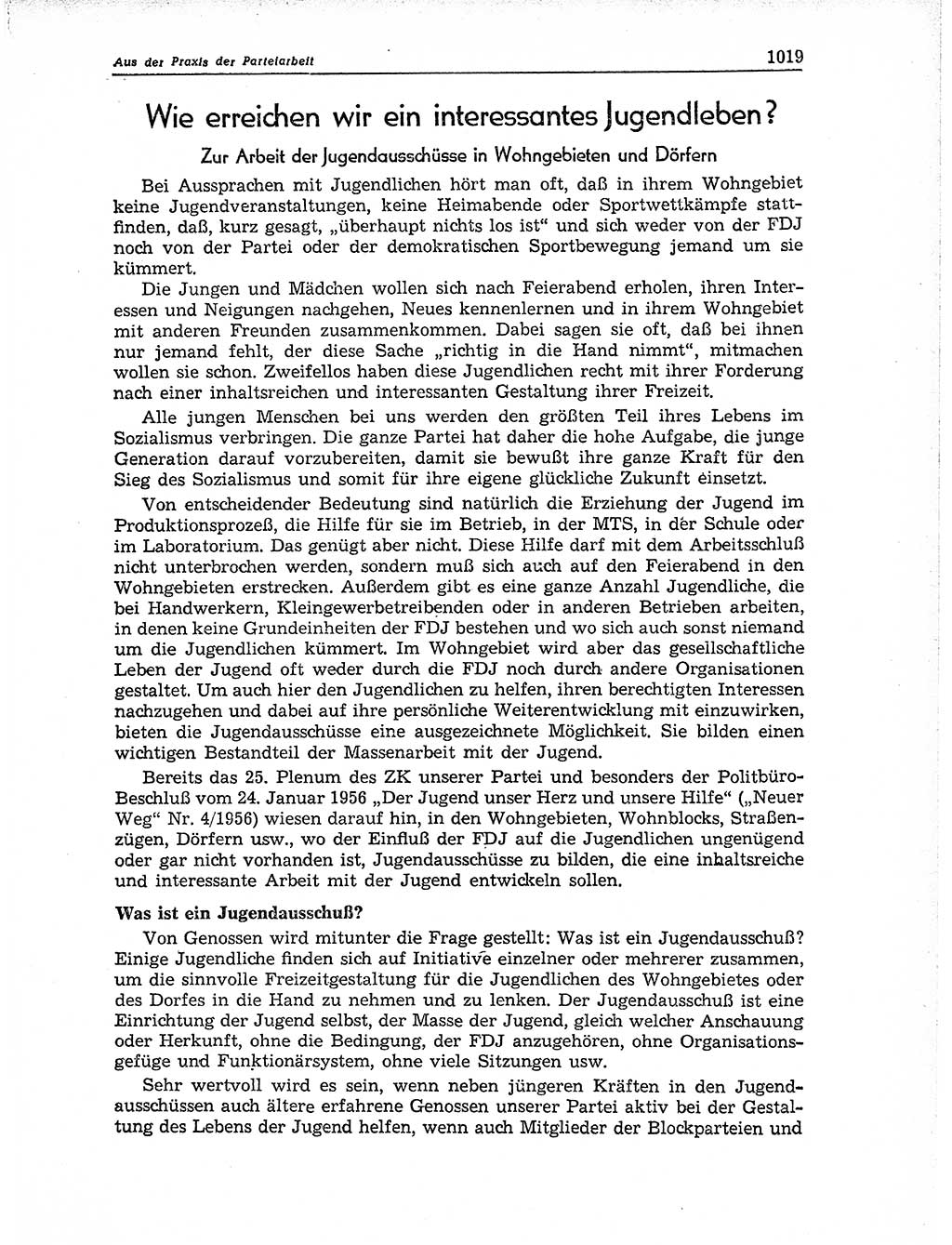 Neuer Weg (NW), Organ des Zentralkomitees (ZK) der SED (Sozialistische Einheitspartei Deutschlands) für Fragen des Parteiaufbaus und des Parteilebens, 11. Jahrgang [Deutsche Demokratische Republik (DDR)] 1956, Seite 1019 (NW ZK SED DDR 1956, S. 1019)