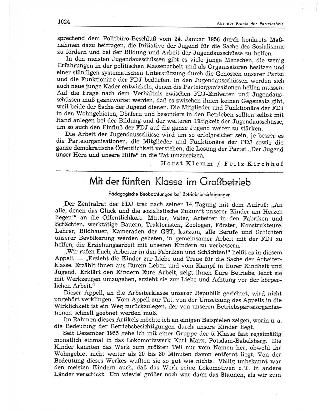 Neuer Weg (NW), Organ des Zentralkomitees (ZK) der SED (Sozialistische Einheitspartei Deutschlands) für Fragen des Parteiaufbaus und des Parteilebens, 11. Jahrgang [Deutsche Demokratische Republik (DDR)] 1956, Seite 1024 (NW ZK SED DDR 1956, S. 1024)