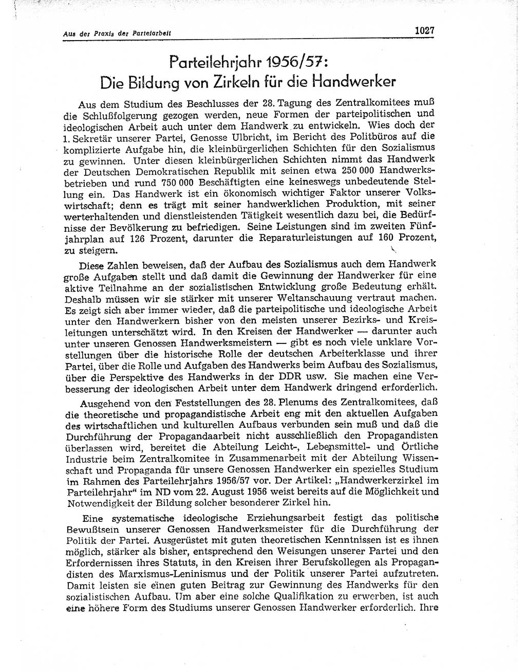 Neuer Weg (NW), Organ des Zentralkomitees (ZK) der SED (Sozialistische Einheitspartei Deutschlands) für Fragen des Parteiaufbaus und des Parteilebens, 11. Jahrgang [Deutsche Demokratische Republik (DDR)] 1956, Seite 1027 (NW ZK SED DDR 1956, S. 1027)