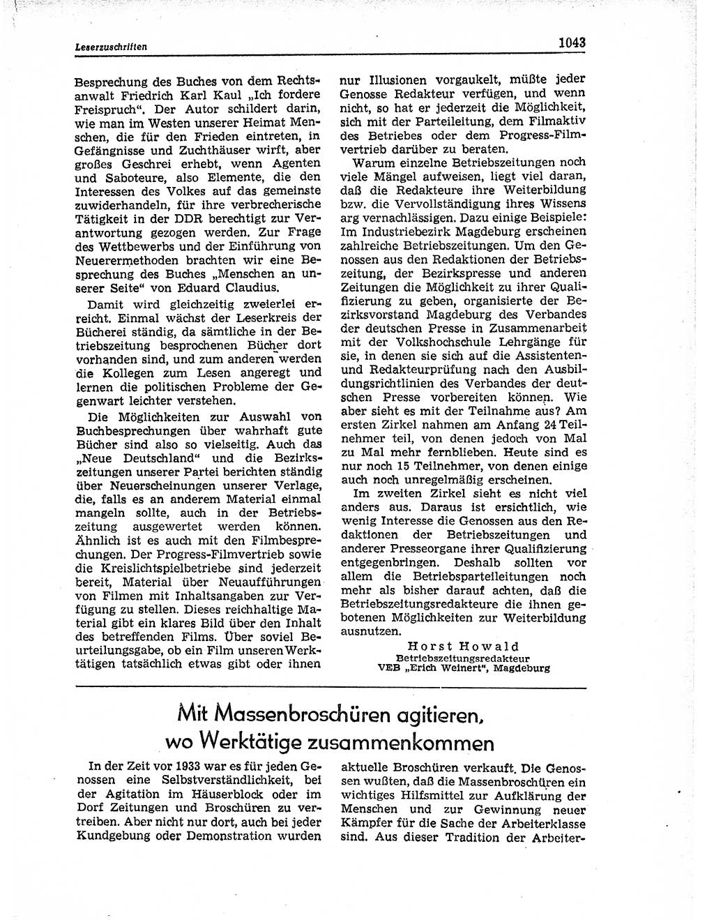 Neuer Weg (NW), Organ des Zentralkomitees (ZK) der SED (Sozialistische Einheitspartei Deutschlands) für Fragen des Parteiaufbaus und des Parteilebens, 11. Jahrgang [Deutsche Demokratische Republik (DDR)] 1956, Seite 1043 (NW ZK SED DDR 1956, S. 1043)