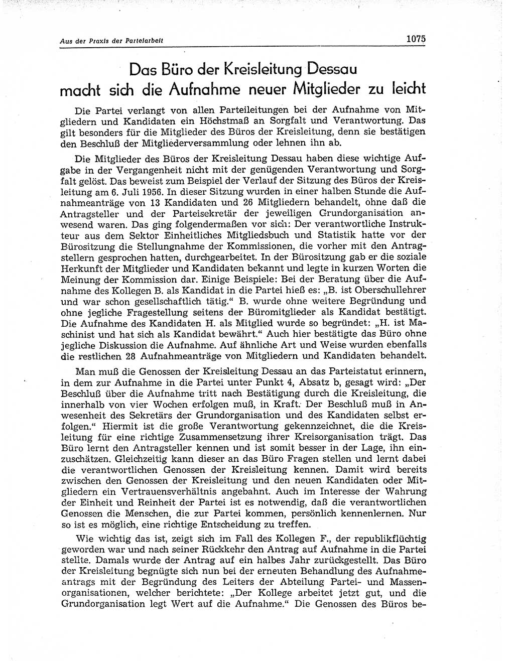 Neuer Weg (NW), Organ des Zentralkomitees (ZK) der SED (Sozialistische Einheitspartei Deutschlands) für Fragen des Parteiaufbaus und des Parteilebens, 11. Jahrgang [Deutsche Demokratische Republik (DDR)] 1956, Seite 1075 (NW ZK SED DDR 1956, S. 1075)