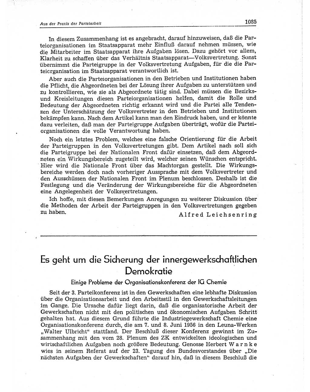 Neuer Weg (NW), Organ des Zentralkomitees (ZK) der SED (Sozialistische Einheitspartei Deutschlands) für Fragen des Parteiaufbaus und des Parteilebens, 11. Jahrgang [Deutsche Demokratische Republik (DDR)] 1956, Seite 1085 (NW ZK SED DDR 1956, S. 1085)