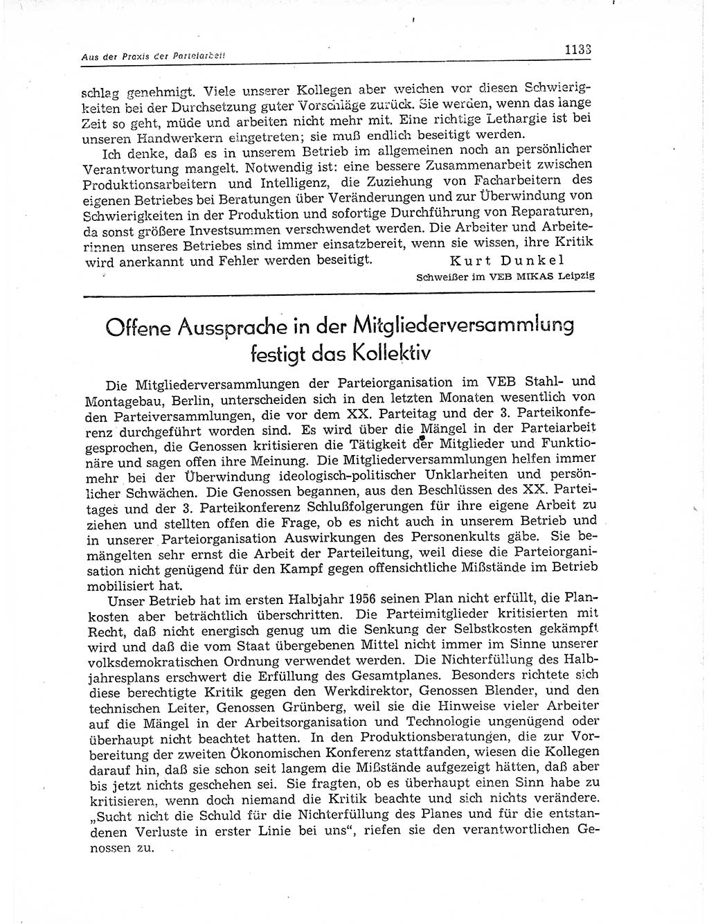 Neuer Weg (NW), Organ des Zentralkomitees (ZK) der SED (Sozialistische Einheitspartei Deutschlands) für Fragen des Parteiaufbaus und des Parteilebens, 11. Jahrgang [Deutsche Demokratische Republik (DDR)] 1956, Seite 1133 (NW ZK SED DDR 1956, S. 1133)