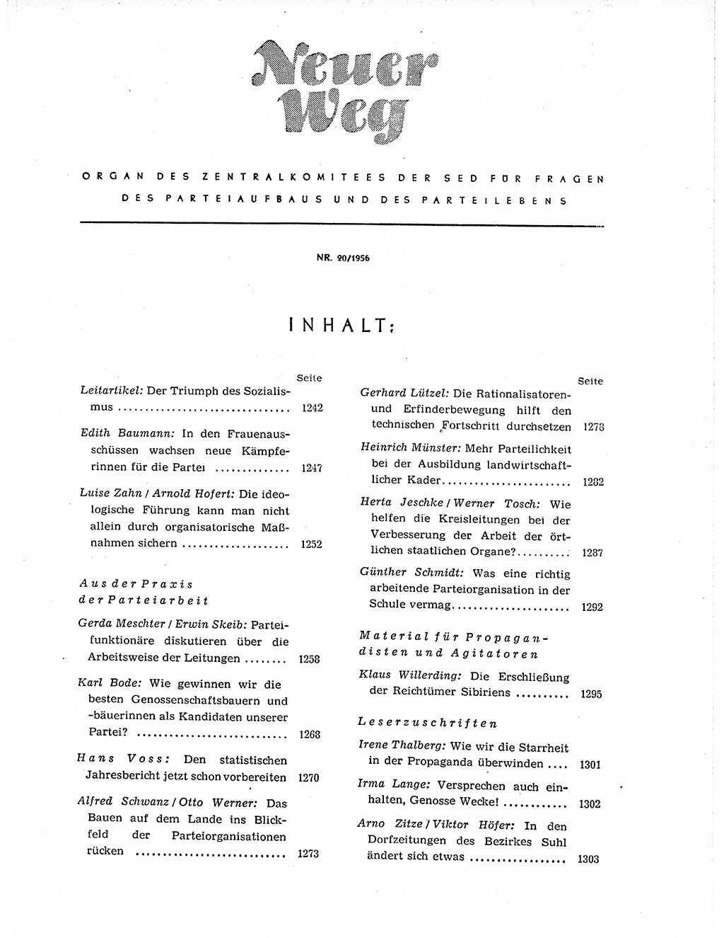 Neuer Weg (NW), Organ des Zentralkomitees (ZK) der SED (Sozialistische Einheitspartei Deutschlands) für Fragen des Parteiaufbaus und des Parteilebens, 11. Jahrgang [Deutsche Demokratische Republik (DDR)] 1956, Seite 1241 (NW ZK SED DDR 1956, S. 1241)