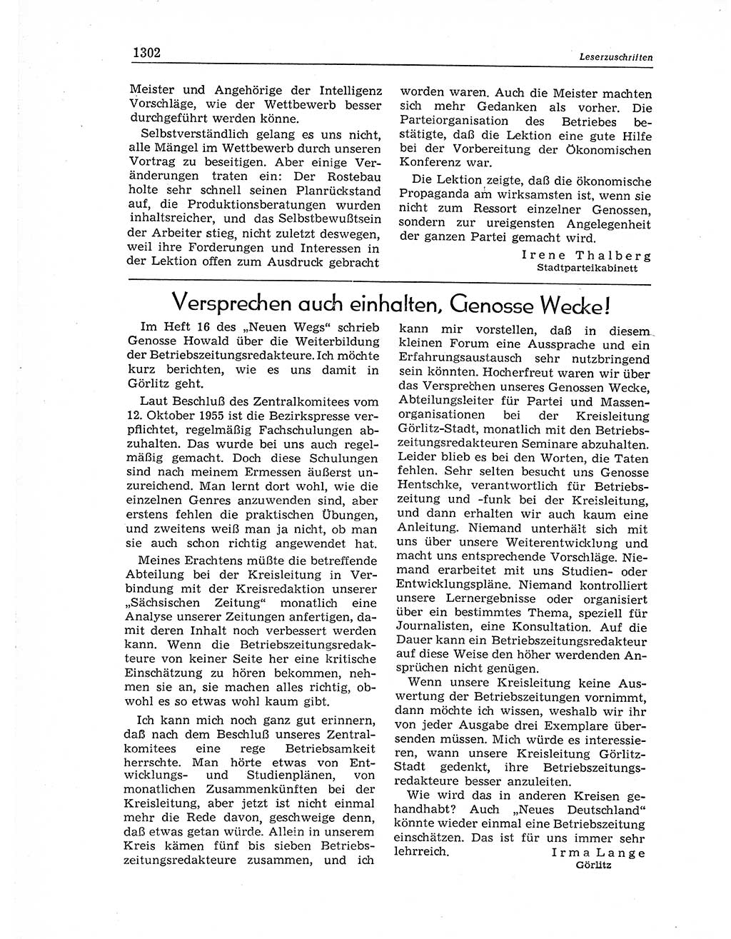 Neuer Weg (NW), Organ des Zentralkomitees (ZK) der SED (Sozialistische Einheitspartei Deutschlands) für Fragen des Parteiaufbaus und des Parteilebens, 11. Jahrgang [Deutsche Demokratische Republik (DDR)] 1956, Seite 1302 (NW ZK SED DDR 1956, S. 1302)