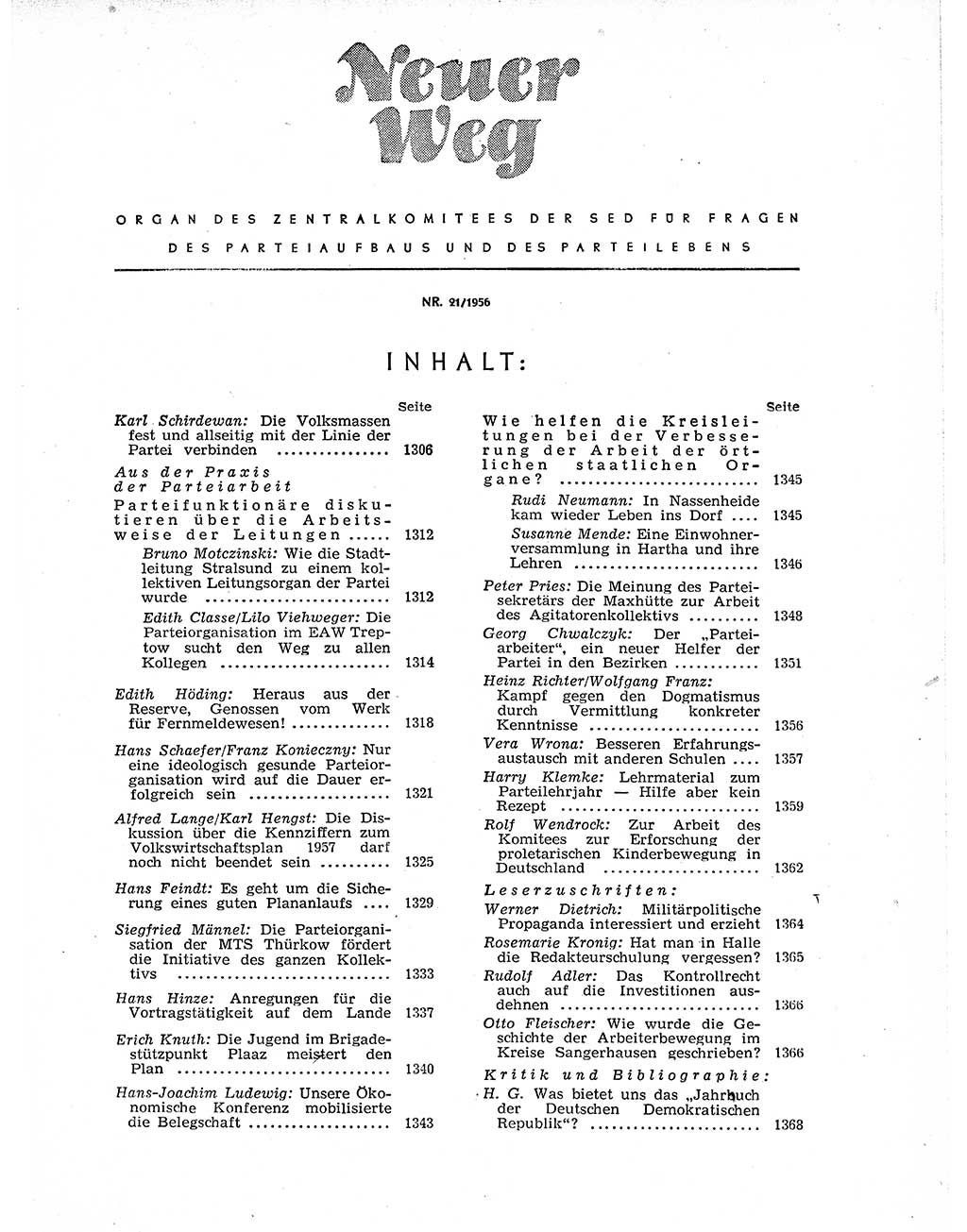 Neuer Weg (NW), Organ des Zentralkomitees (ZK) der SED (Sozialistische Einheitspartei Deutschlands) für Fragen des Parteiaufbaus und des Parteilebens, 11. Jahrgang [Deutsche Demokratische Republik (DDR)] 1956, Seite 1305 (NW ZK SED DDR 1956, S. 1305)