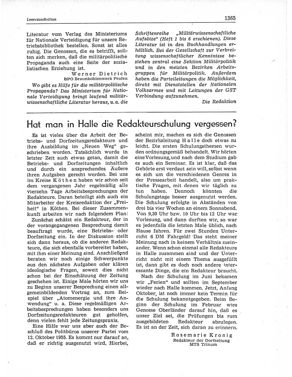 Neuer Weg (NW), Organ des Zentralkomitees (ZK) der SED (Sozialistische Einheitspartei Deutschlands) für Fragen des Parteiaufbaus und des Parteilebens, 11. Jahrgang [Deutsche Demokratische Republik (DDR)] 1956, Seite 1365 (NW ZK SED DDR 1956, S. 1365)