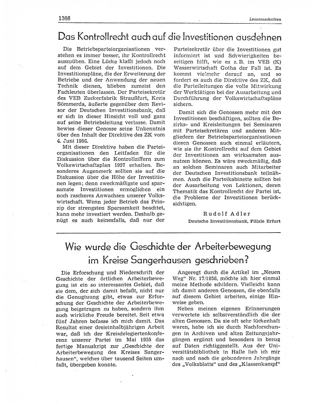 Neuer Weg (NW), Organ des Zentralkomitees (ZK) der SED (Sozialistische Einheitspartei Deutschlands) für Fragen des Parteiaufbaus und des Parteilebens, 11. Jahrgang [Deutsche Demokratische Republik (DDR)] 1956, Seite 1366 (NW ZK SED DDR 1956, S. 1366)