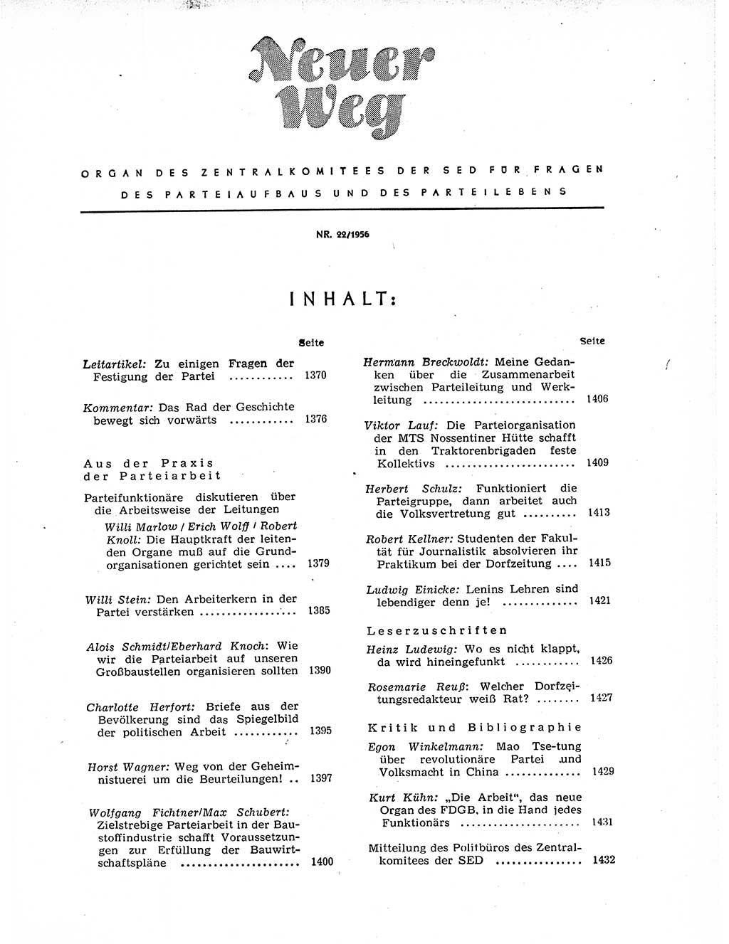 Neuer Weg (NW), Organ des Zentralkomitees (ZK) der SED (Sozialistische Einheitspartei Deutschlands) für Fragen des Parteiaufbaus und des Parteilebens, 11. Jahrgang [Deutsche Demokratische Republik (DDR)] 1956, Seite 1369 (NW ZK SED DDR 1956, S. 1369)