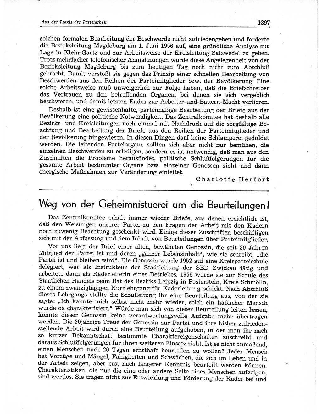 Neuer Weg (NW), Organ des Zentralkomitees (ZK) der SED (Sozialistische Einheitspartei Deutschlands) für Fragen des Parteiaufbaus und des Parteilebens, 11. Jahrgang [Deutsche Demokratische Republik (DDR)] 1956, Seite 1397 (NW ZK SED DDR 1956, S. 1397)