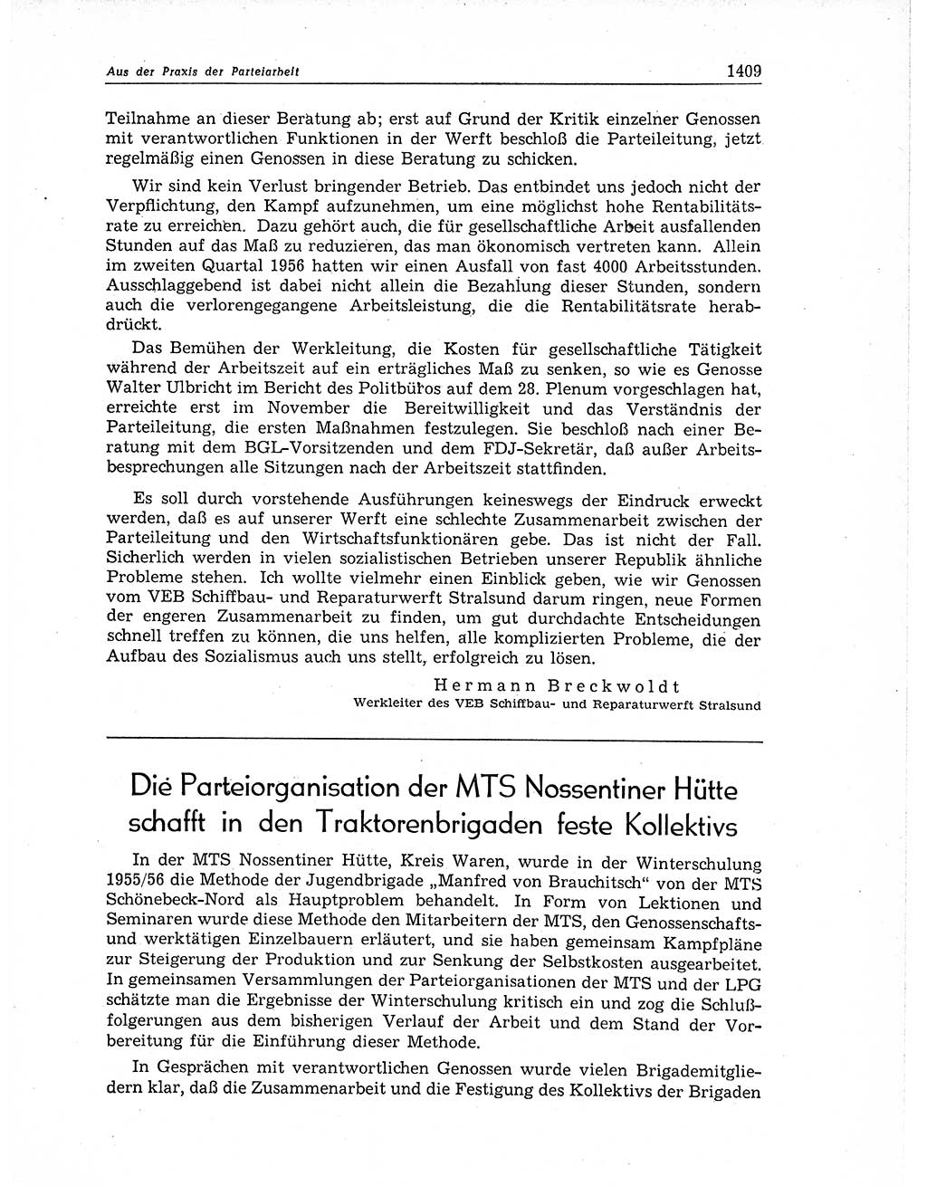 Neuer Weg (NW), Organ des Zentralkomitees (ZK) der SED (Sozialistische Einheitspartei Deutschlands) für Fragen des Parteiaufbaus und des Parteilebens, 11. Jahrgang [Deutsche Demokratische Republik (DDR)] 1956, Seite 1409 (NW ZK SED DDR 1956, S. 1409)