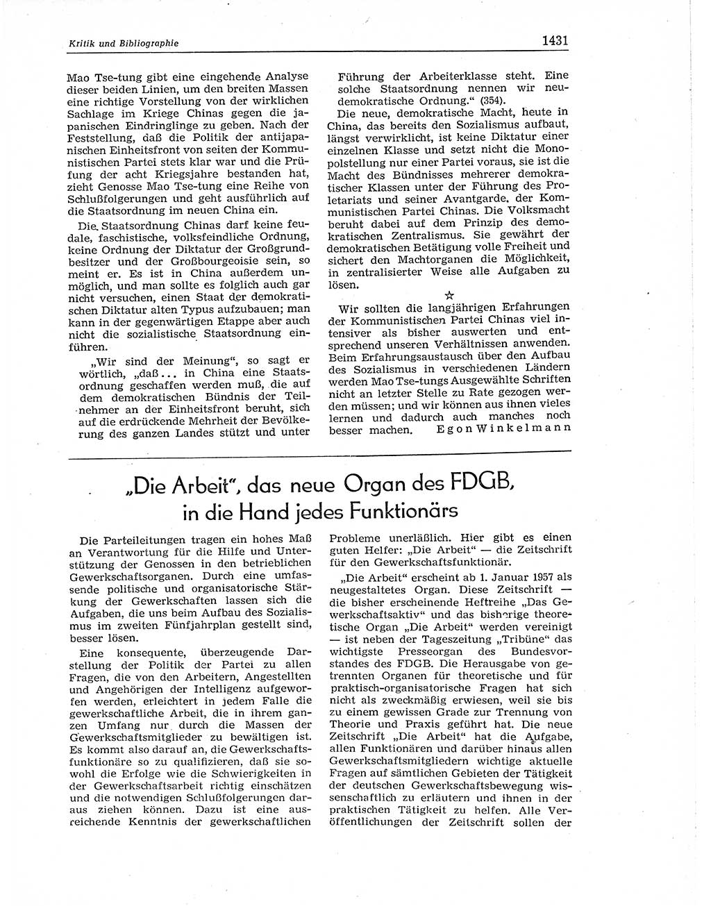 Neuer Weg (NW), Organ des Zentralkomitees (ZK) der SED (Sozialistische Einheitspartei Deutschlands) für Fragen des Parteiaufbaus und des Parteilebens, 11. Jahrgang [Deutsche Demokratische Republik (DDR)] 1956, Seite 1431 (NW ZK SED DDR 1956, S. 1431)