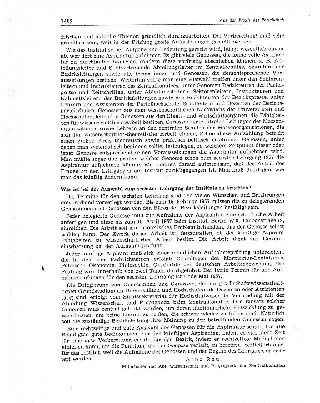 Neuer Weg (NW), Organ des Zentralkomitees (ZK) der SED (Sozialistische Einheitspartei Deutschlands) für Fragen des Parteiaufbaus und des Parteilebens, 11. Jahrgang [Deutsche Demokratische Republik (DDR)] 1956, Seite 1482 (NW ZK SED DDR 1956, S. 1482)