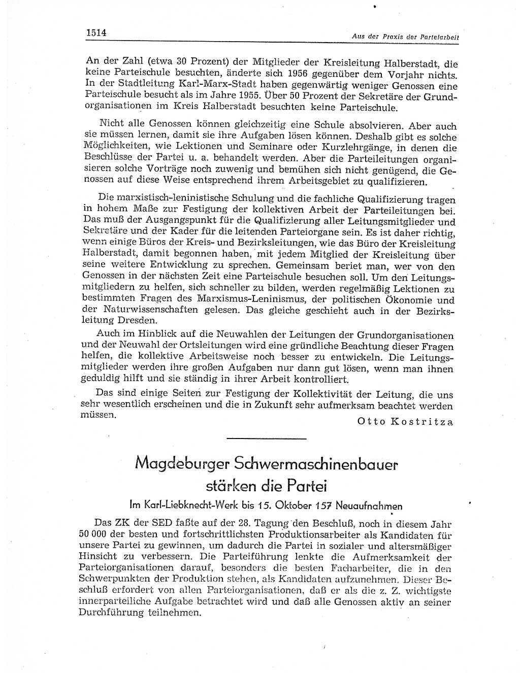 Neuer Weg (NW), Organ des Zentralkomitees (ZK) der SED (Sozialistische Einheitspartei Deutschlands) für Fragen des Parteiaufbaus und des Parteilebens, 11. Jahrgang [Deutsche Demokratische Republik (DDR)] 1956, Seite 1514 (NW ZK SED DDR 1956, S. 1514)