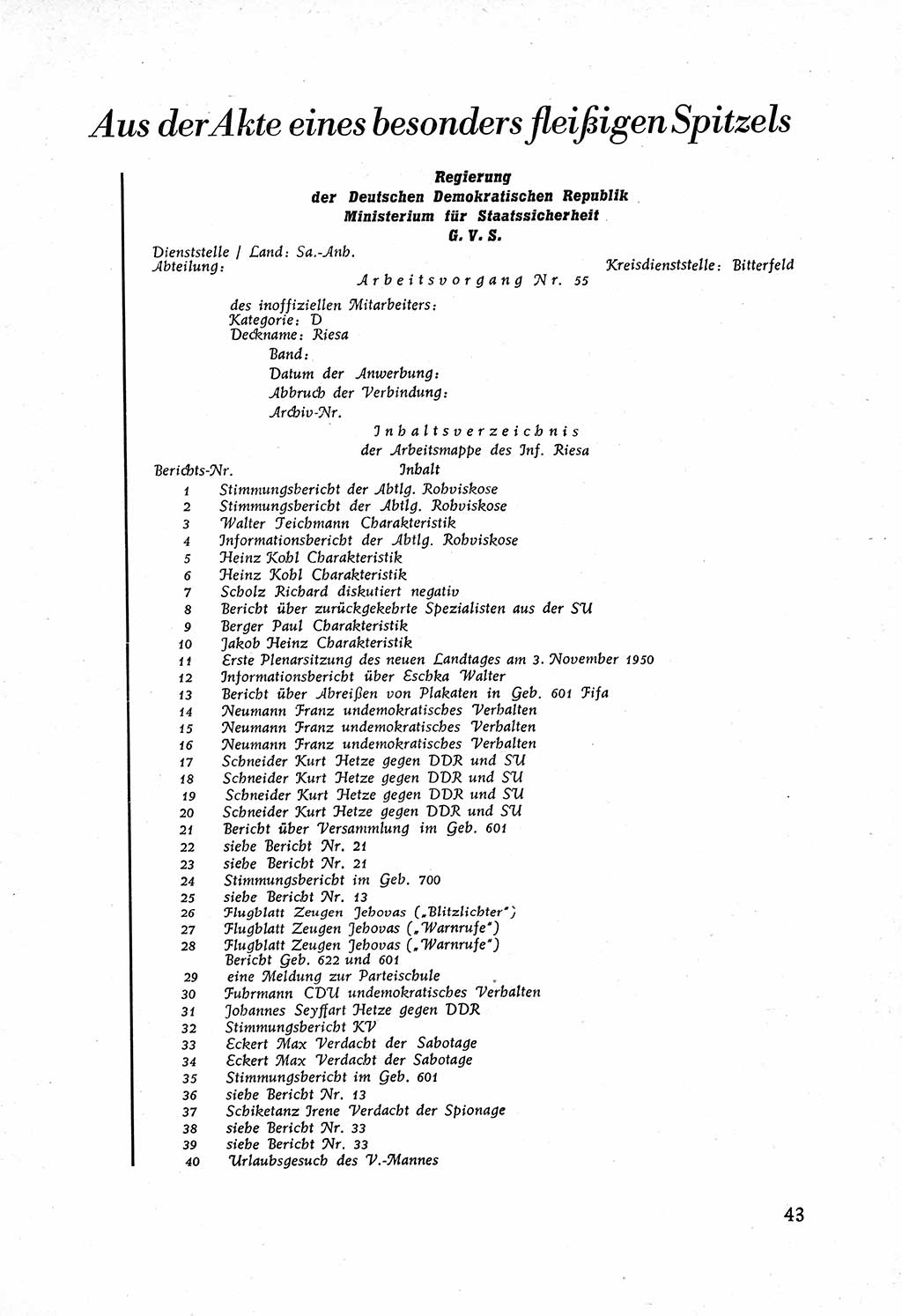 Staatssicherheitsdienst (SSD) [Deutsche Demokratische Republik (DDR)], Untersuchungsausschuß Freiheitlicher Juristen (UfJ) [Bundesrepublik Deutschland (BRD)] 1956, Seite 43 (SSD DDR UfJ BRD 1956, S. 43)