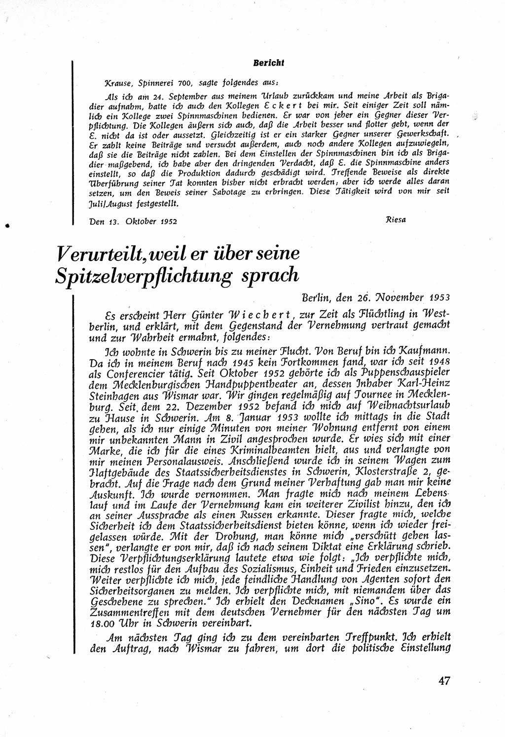 Staatssicherheitsdienst (SSD) [Deutsche Demokratische Republik (DDR)], Untersuchungsausschuß Freiheitlicher Juristen (UfJ) [Bundesrepublik Deutschland (BRD)] 1956, Seite 47 (SSD DDR UfJ BRD 1956, S. 47)