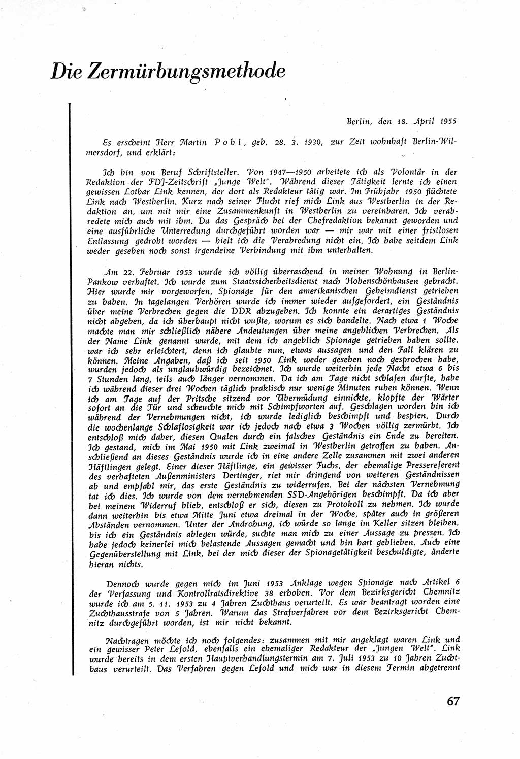 Staatssicherheitsdienst (SSD) [Deutsche Demokratische Republik (DDR)], Untersuchungsausschuß Freiheitlicher Juristen (UfJ) [Bundesrepublik Deutschland (BRD)] 1956, Seite 67 (SSD DDR UfJ BRD 1956, S. 67)