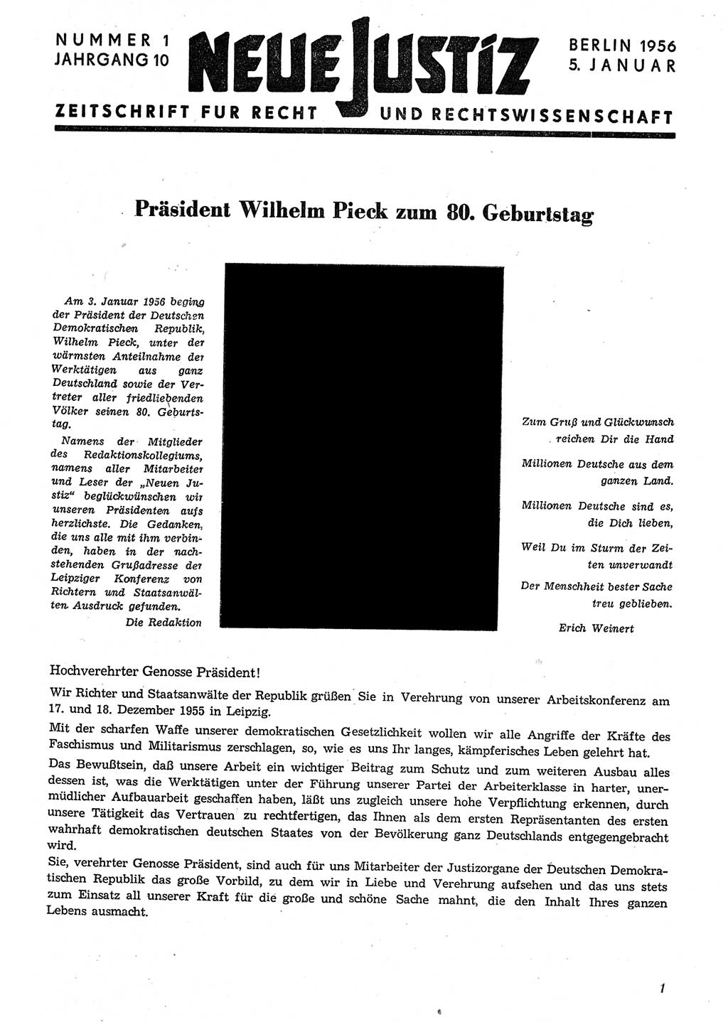 Neue Justiz (NJ), Zeitschrift für Recht und Rechtswissenschaft [Deutsche Demokratische Republik (DDR)], 10. Jahrgang 1956, Seite 1 (NJ DDR 1956, S. 1)