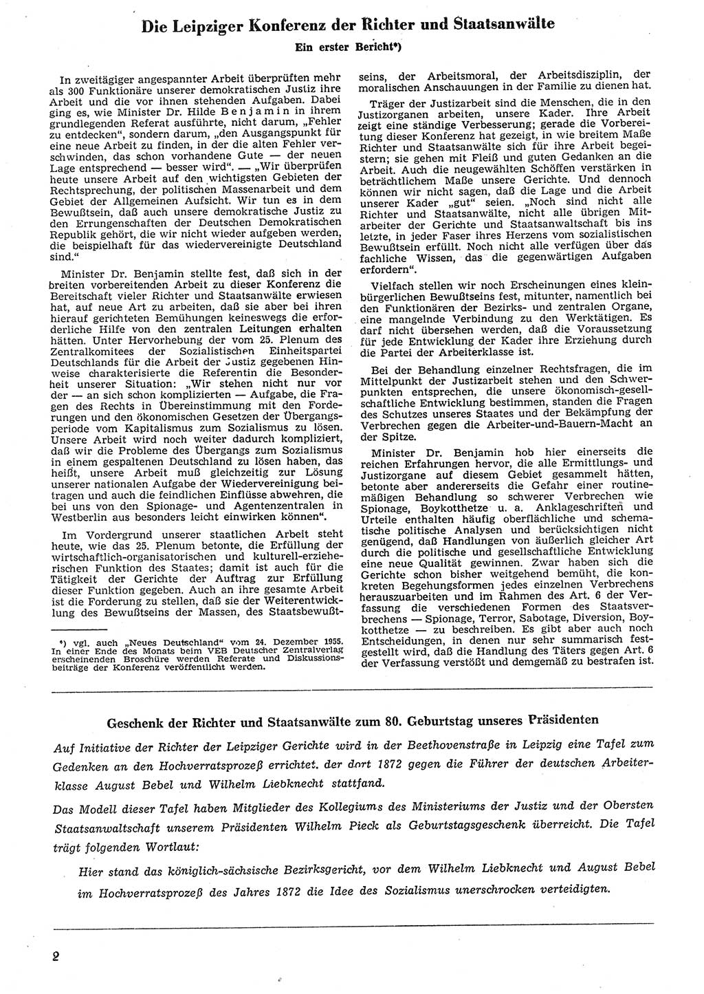 Neue Justiz (NJ), Zeitschrift für Recht und Rechtswissenschaft [Deutsche Demokratische Republik (DDR)], 10. Jahrgang 1956, Seite 2 (NJ DDR 1956, S. 2)
