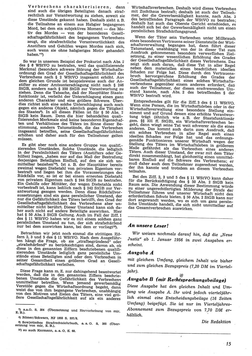 Neue Justiz (NJ), Zeitschrift für Recht und Rechtswissenschaft [Deutsche Demokratische Republik (DDR)], 10. Jahrgang 1956, Seite 15 (NJ DDR 1956, S. 15)