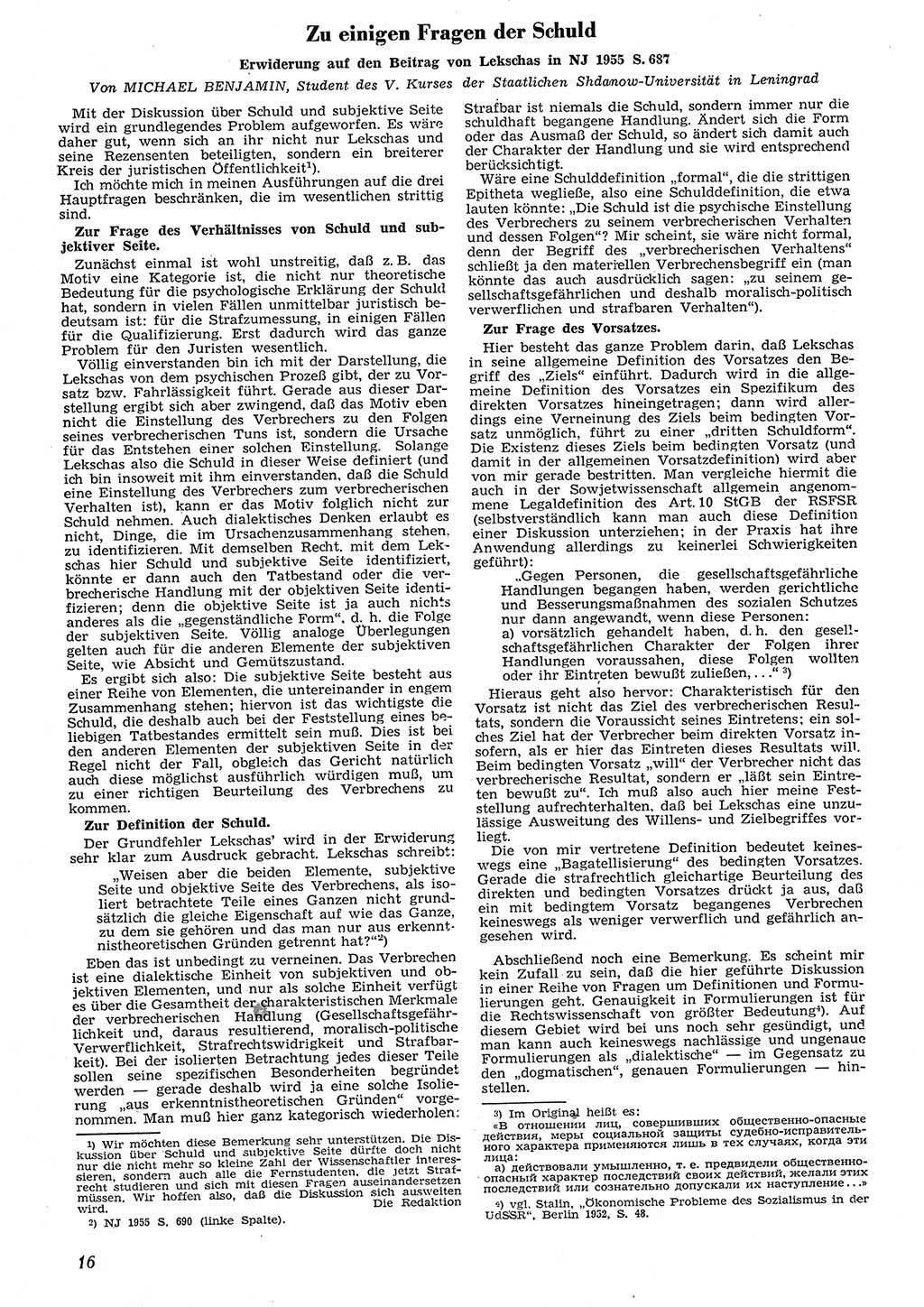 Neue Justiz (NJ), Zeitschrift für Recht und Rechtswissenschaft [Deutsche Demokratische Republik (DDR)], 10. Jahrgang 1956, Seite 16 (NJ DDR 1956, S. 16)