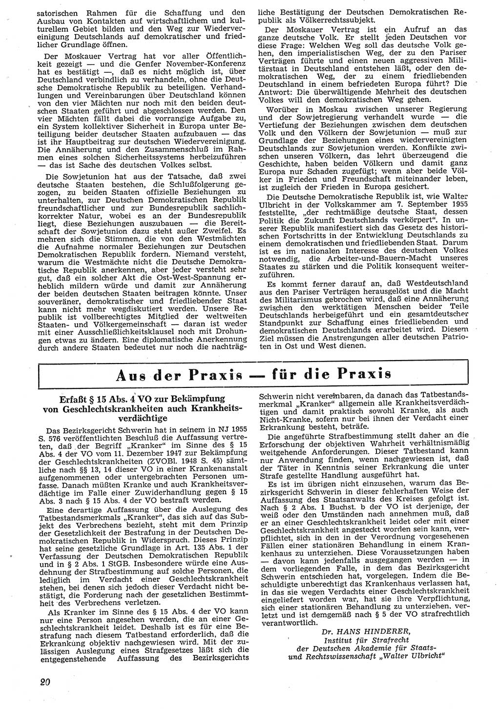 Neue Justiz (NJ), Zeitschrift für Recht und Rechtswissenschaft [Deutsche Demokratische Republik (DDR)], 10. Jahrgang 1956, Seite 20 (NJ DDR 1956, S. 20)
